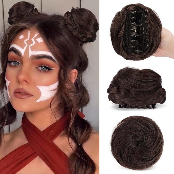 Mini Claw Clip Hair Bun Extensions for Women Girls Dark Brown Auburn Mix